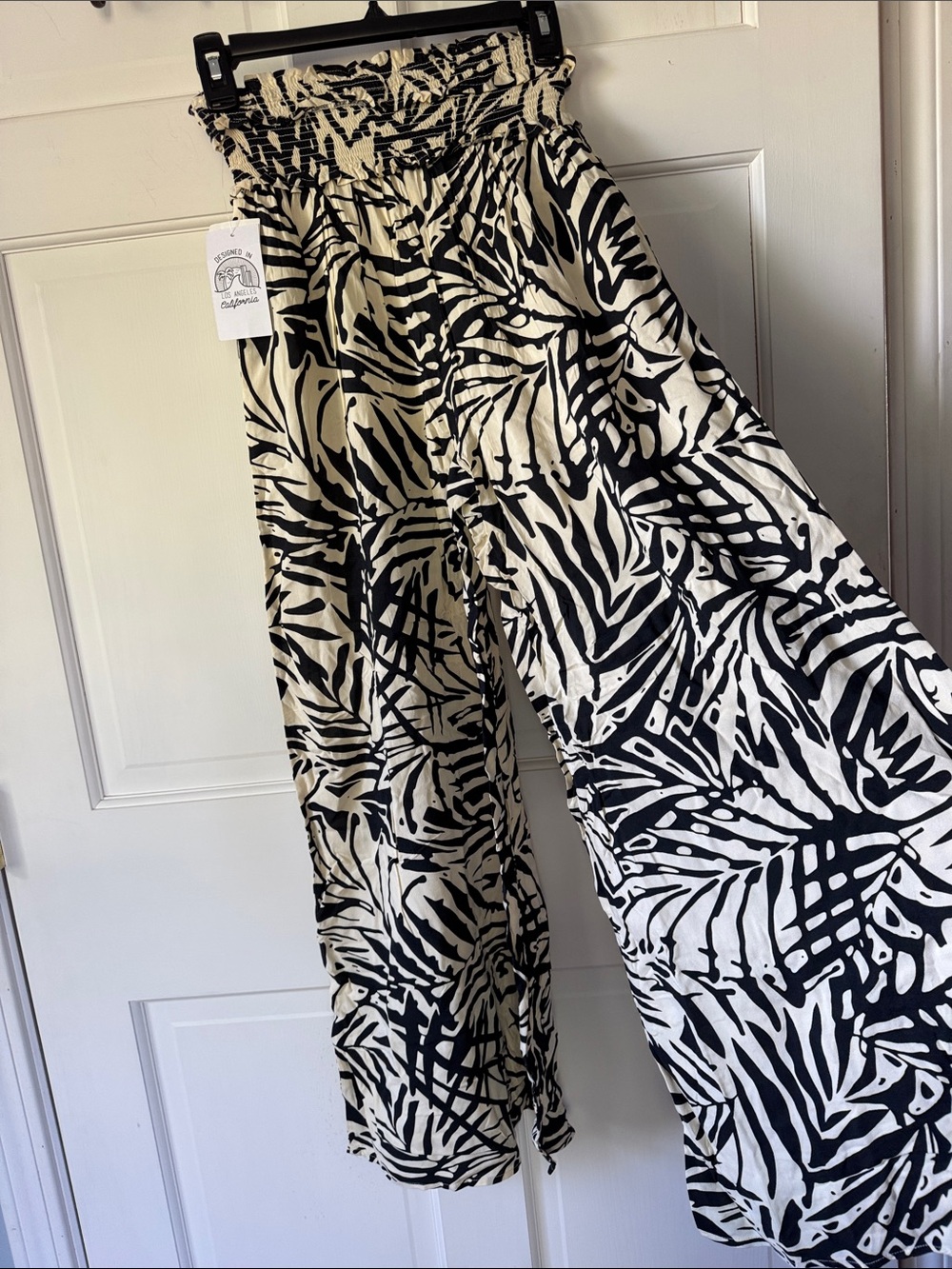 Patrons of Peace Black & Cream Smocked High-Waist Wide-Leg Palm Pants